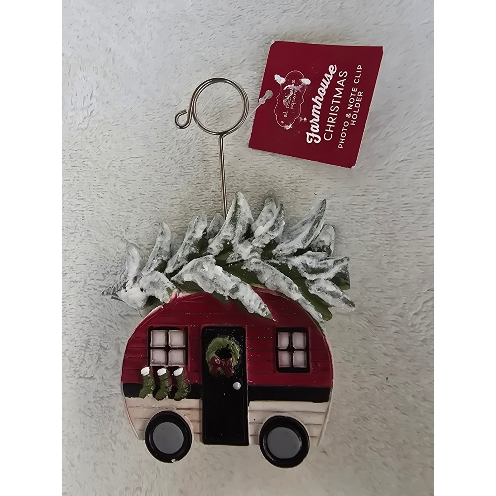 St. Nicholas Square Farmhouse Christmas Red Camper Photo Note Clip Holder New